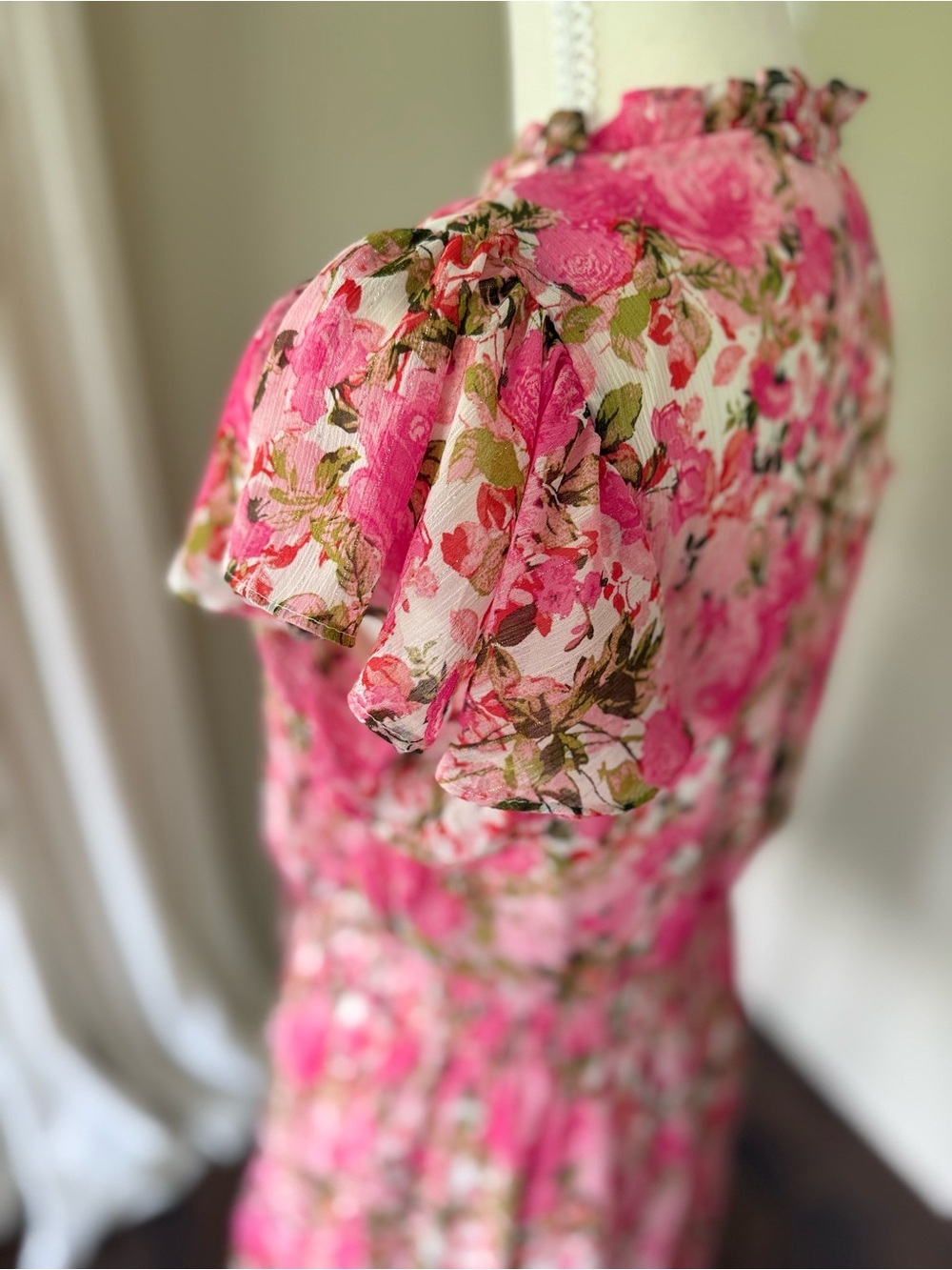 MSK Smocked Waist Tie Crew Neck Dress Pink Floral Ruffle Mini Dress fairycore S - Picture 10 of 12